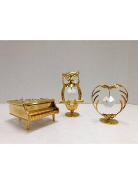 Lot Of 3 Matashi 24K Gold Plated Piano, Owl & Heart W/ Crystal Figurines DW900